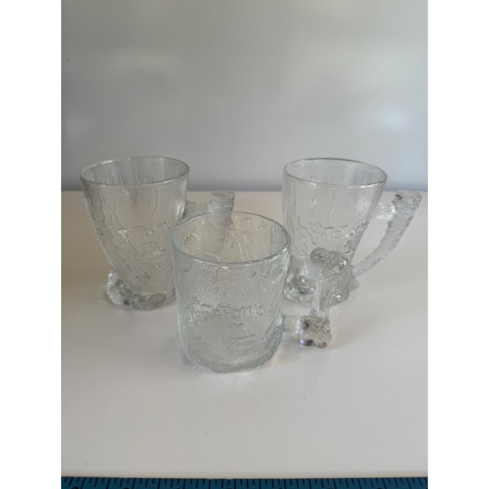 Vintage McDonalds Flintstones Glass Mugs Set 3 1994 Movie Promo Clear Embossed